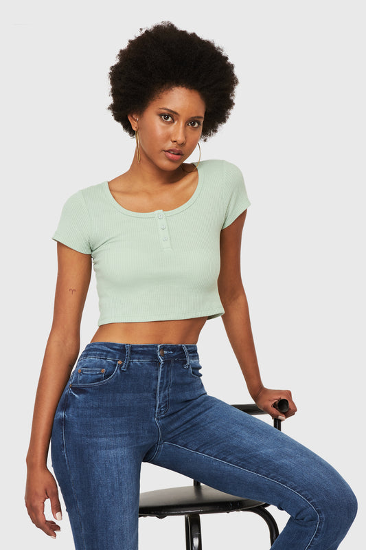 Crop Top Básico Botones Verde Agua